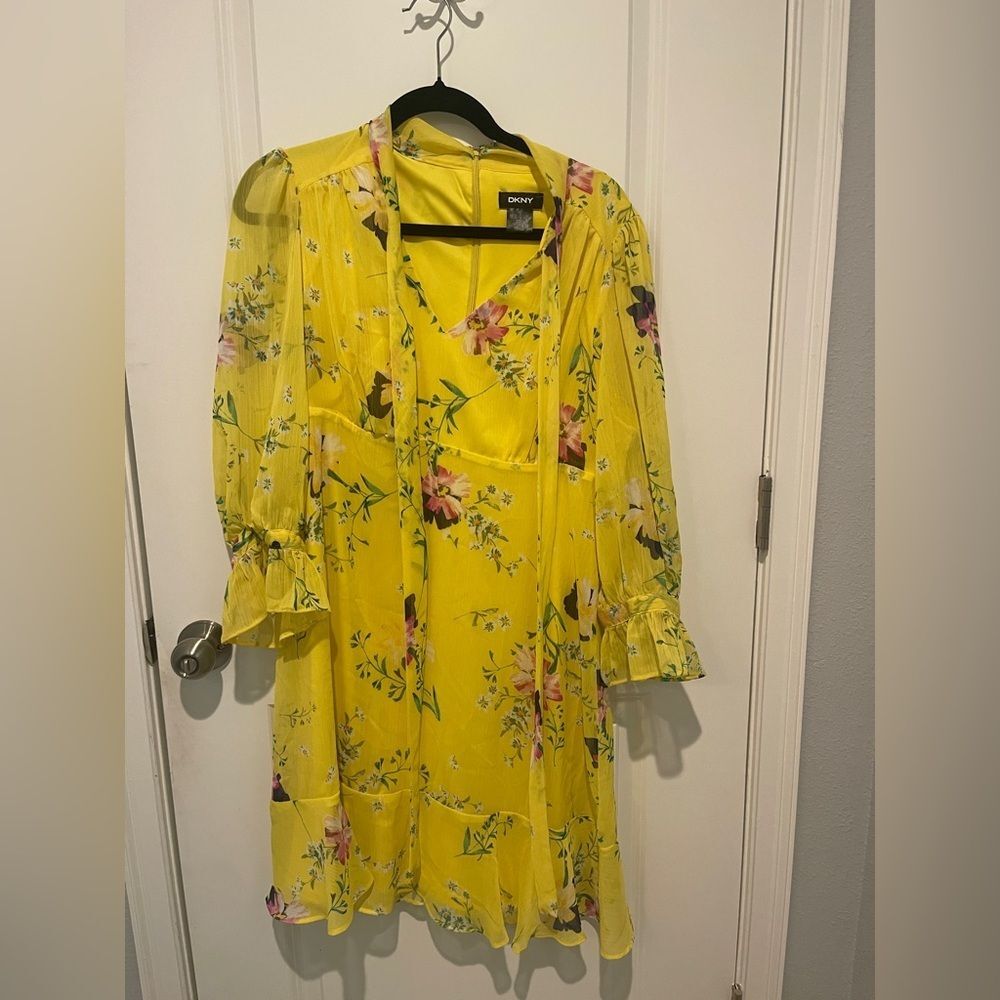 DKNY Vibrant Yellow Floral Long Sleeve Dress